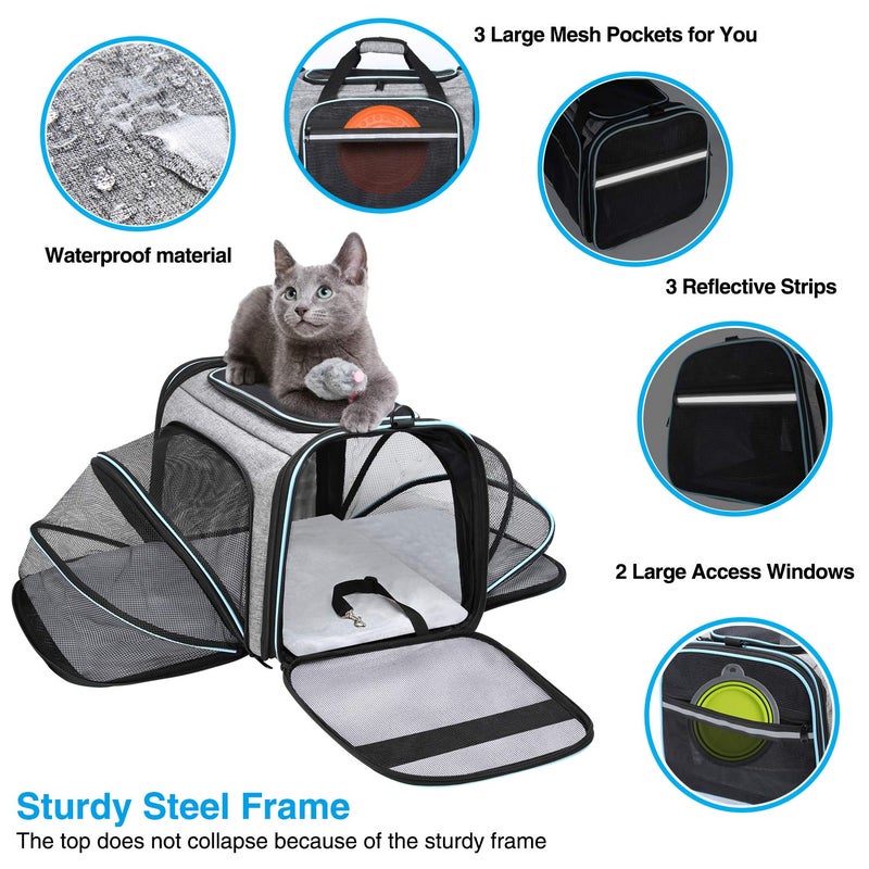 MASKEYON Airline Approved Portable Pet Carrier 2 Sides Expandable Soft-Sided Large Cats Carrier Collapsible Kennel Travel TSA Carrier 4 Doors with Removable Pads and 3 Pockets for Puppy Small Dogs - Image 4
